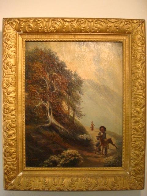 Signed L QUANCHI Oil Landscape on Canvas:: Signed L QUANCHI Oil Landscape on Canvas: Man with Deer on Mountain Path. 17" X 13" Image in 3" Gold Frame. Signed Lower Left. Some Cracking.