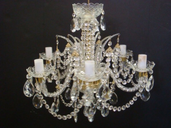 6 Arm Beaded Drape Crystal Chandelier:: 6 Arm Beaded Drape Crystal Chandelier: 6 Swirled Glass Arms Hold Crystal Bobeches With Drop Crystals and Light Fixtures, Alternating with Swirled Glass Arms Connecting Swags of Crystals and Prisms. 14
