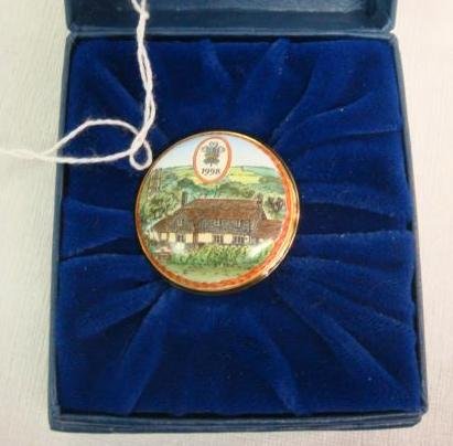 Halcyon Days Box Presento from Prince Charles:: Halcyon Days Box Presento from Prince Charles: 1998 Gift to Ms. Miller for Cooking for the Royal Family During Ski Trip in Canada. Pictures is St. Kew Barton Farm, Cornwall. 1"D., Orig. Box. Includes 