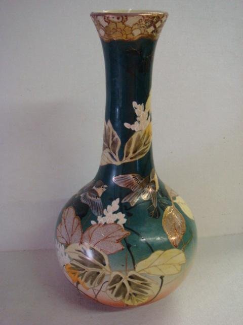 SATSUMA Earthenware Bird & Floral Narrow Neck Vase: SATSUMA Earthenware Bird & Floral Narrow Neck Vase: 12 1/2"T Vase has Green Ground to Rust at Bottom. Hand painted Birds, Butterflies and Leaves with Gilt Highlights. Light Crazing.