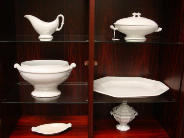 6 Pieces of 19th C. White Ironstone:: 6 Pieces of 19th C. White Ironstone: 8 3/4"L Gravy Boat, 13 3/4" Oval Tureen, 9 3/4" Oval Celery Marked J&G Meakin, 8"T Lidded Octagonal Dish with Slotted Lid, 11" Oval Savoy 1863 Lidded Serving Dish 