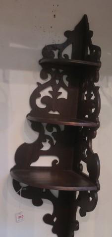 Hanging Wooden Corner Knick Knack Shelf:: Hanging Wooden Corner Knick Knack Shelf: Openwork Sides with Three Graduated Size Shelves. Filigree Design. 36 1/2" Tall, 14" Wide. (100-200)