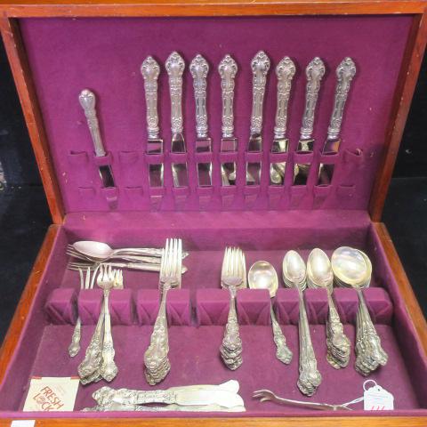 WATSON "Meadow Rose" Sterling Silver Flatware:: WATSON "Meadow Rose" Sterling Silver Flatware: Service for 8 Includes Table Knives, Dinner and Salad Forks, Teaspoons, Round Bowl Soup Spoons, Flat Butter Spreaders, Seafood Forks, Lemon Fork, Sugar S