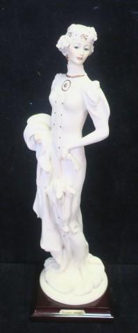 GUISEPPE ARMANI "LADY WITH SUNSHADE", Compo Figurine:: GUISEPPE ARMANI "LADY WITH SUNSHADE", Compo Figurine: Composition Strolling Lady with Umbrella and Shawl. Gold Accents on Off White Figurine, Marked with Capo Di Monte N with Crown Mark. 14 1/2" Tall 