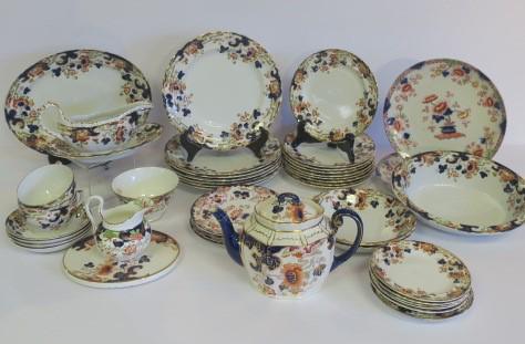 KEELING & CO Losol Ware "Tokyo" English Dinnerware:: KEELING & CO Losol Ware "Tokyo" English Dinnerware: CA 1909-1937. Amari Style Pattern Includes Seven 9 1/2" Plates, Seven 5 3/4" Plates, Two 7 1/2" Bowls, 2 Teacups, 4 Saucers, Nine 7 1/2" Salad Plate