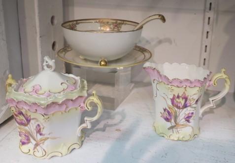 Nippon 3 Pc Mayonnaise Set with Sugar and Creamer:: Nippon 3 Pc Mayonnaise Set with Sugar and Creamer: Morimura Bros Mayo Set CA 1891-1921 has 5 1/8"D Bowl with 3 Ball Feet, 5 1/4" Ladle and 6 1/4"D Under plate. Fancy Hand Painted Lidded Sugar and Crea