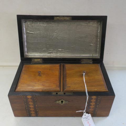19th Century Marquetry Inlaid Walnut Tea Caddy:: 19th Century Marquetry Inlaid Walnut Tea Caddy: Inlaid Diamond & Rope Braid Pattern on Top, Front and Back of Walnut Tea Caddy. Foil Lined with Two Compartments. Shaped Top. Key with Brass Escutcheon 