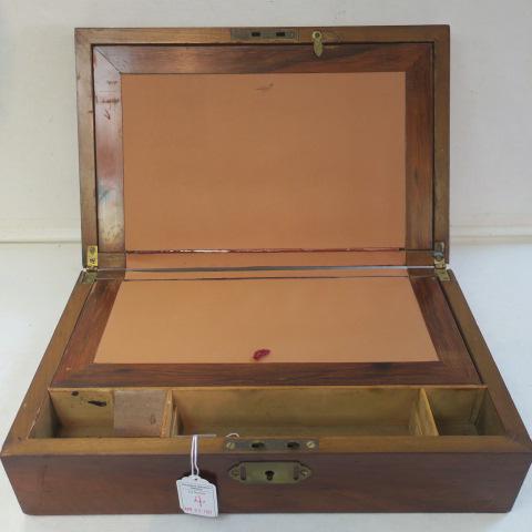 19th Century Mahogany Folding Traveling Lap Desk:: 19th Century Mahogany Folding Traveling Lap Desk: Writing Surface Covered in Colored Paper, Two Large Compartments for Correspondence or Paper. Metal Escutcheon, no Key. Brass Inset Plaque "A. Rhombey