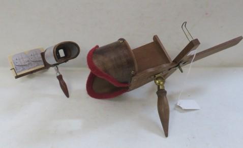 The Vistascope, Griffith & Griffith, Phila. Pa:: The Vistascope, Griffith & Griffith, Phila. Pa: Wood, Felt, Glass & Brass Hand Held Scope. 7 1/4"W, 12 1/2"Long, 9"T unfolded. A bit Simpler than #15. Accompanied by Child's Stereoscope Complete with 