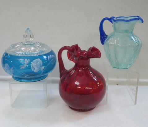 Three Pieces of FENTON Art Glass:: Three Pieces of FENTON Art Glass: Turquoise Hand Painted Covered Bowl with Clear Glass Lobed Lid, Hand Painted White Flowers & Dragonflies. Signed Randy Fenton & Hand Painted by Pam Fleak. Ruby Glass 