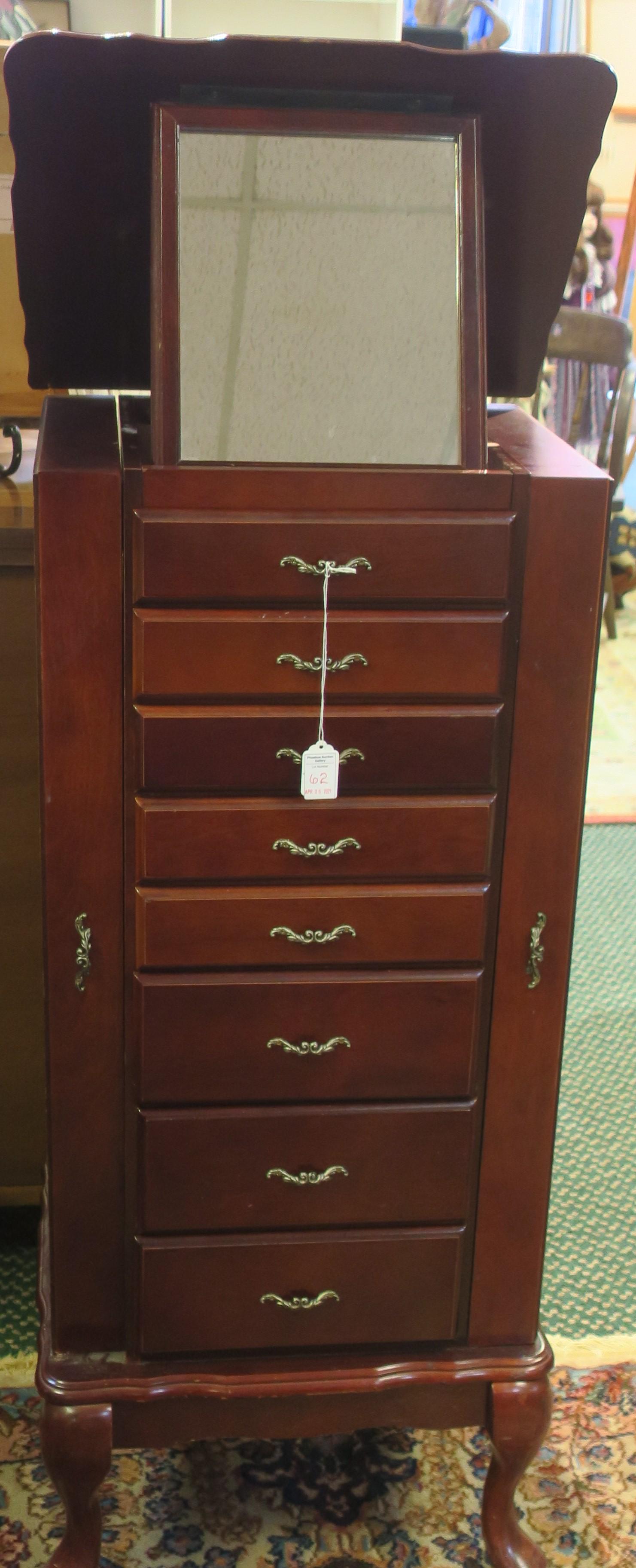 L. Powell Co. Queen Anne Jewelry Armoire:: L. Powell Co. Queen Anne Jewelry Armoire: 7 Drawer Jewelry Organizer with Hinged Beveled Top Opening to Inset Mirror & Ring Slots. Piano Hinged Side Doors Swing out for Necklaces. Raised on Cabriole L