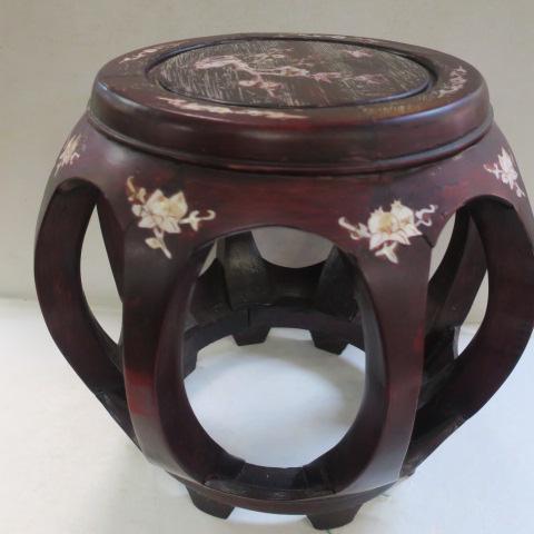 Vintage Asian Rosewood Stand w/Mother of Pearl Inlay:: Vintage Asian Rosewood Stand w/Mother of Pearl Inlay: Wooden Drum Stool with Floral and Bird Inlay. Open with 8 curved Slats Surrounding Stool. 14"T, Top 11" Diameter, 16 " at Widest Point. Mid 20th C