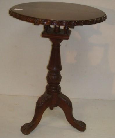 20th C. Mahogany Round Tilt Top Bird Cage Table:: 20th C. Mahogany Round Tilt Top Bird Cage Table: 18 1/2" Diameter Top with Gadrooned Carving around Edge. Set on Bird Cage Apparatus. Turned Shaft Post Ends in Tripod Legs with Acanthus Carved Knees &