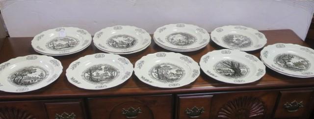 Eighteen 1st Ed. WEDGWOOD Williamsburg Rest. Plates:: Eighteen 1st Ed. WEDGWOOD Williamsburg Rest. Plates: 1950 1st Ed. 10"D Plates Engraved from Drawings by Samuel Chamberlain for Williamsburg Restoration. Eleven Different Scenes Including The Capitol,