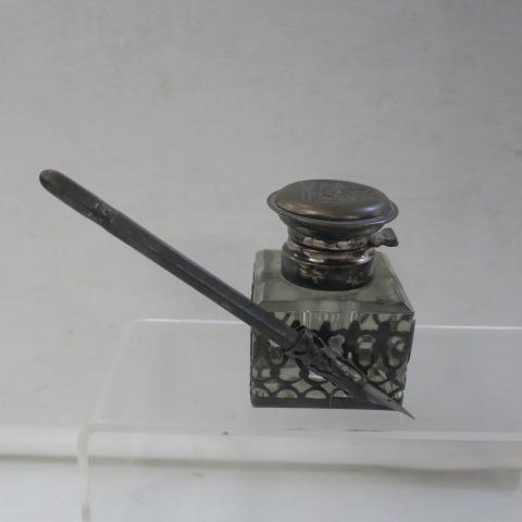 English Sterling & Glass Inkwell with Pen:: English Sterling & Glass Inkwell with Pen: Hallmark of Ari D. Norman (C. 1970) w/ English & 925 Marks. Victorian Style Inkwell 3"T, 2 1/4"Square in Sterling Frame with Lid & Pen Holder for Matching St