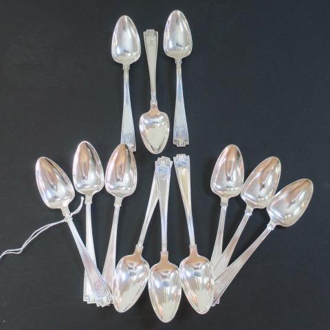 Twelve GORHAM "Etruscan" Sterling 5 O'clock Spoons:: Twelve GORHAM "Etruscan" Sterling 5 O'clock Spoons: Greek Key Pattern, Marked Pat. 1913. 5 3/8"L. Six with W Monogram and Six with T Monogram. 6.8 Oz Total Weight. (200-400)