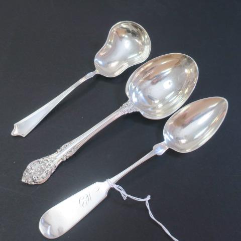 Three Sterling Silver Serving Spoons:: Three Sterling Silver Serving Spoons: Gorham "Tipt" 9"L Tablespoon, Monogrammed. Gorham "King Edward" 8 5/8"L Solid Salad Serving Spoon. Sterling Spoon with Shaped Bowl, Unknown Maker is 7 1/4"L. 7.3 