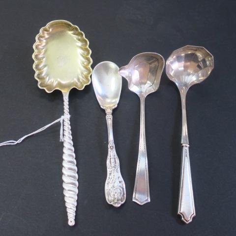 Four Sterling Silver Serving Pieces:: Four Sterling Silver Serving Pieces: Whiting "Oval Twist" 8 7/8" Preserve Spoon with Gold Wash and Monogrammed Bowl. Gorham "Mythologique" 5 5/8 Individual Ice Cream Spoon. SAART Bros "arcadia" 5 1/2"