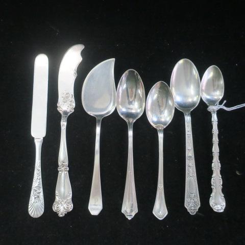 Seven Assorted Sterling Spoons, Spreaders and More:: Seven Assorted Sterling Spoons, Spreaders and More: Lunt "Adam" Teaspoon, Wilcox & Eversten "Essex" Teaspoon Engraved Lakeside Ohio, Gorham "Plymouth" Teaspoon and "Strasbourg" Infant Feeding Spoon, F