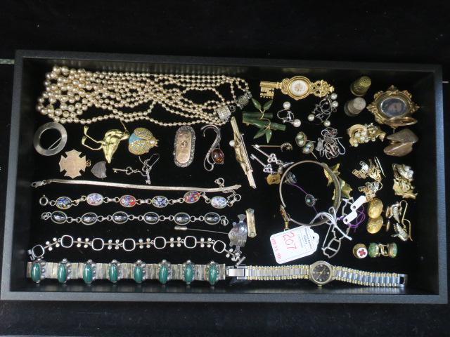 Collection of Ladies Jewelry:: Collection of Ladies Jewelry: Watch Key Pin by 1928. 2 Faux Pearl Necklaces, Circle, Bird, Bug, Copper, Amber, Jade & Bar Pins. Pearl, Hummingbird, Jade, Stone, Trifari Earrings. 2 Thimbles, Mesh Brac