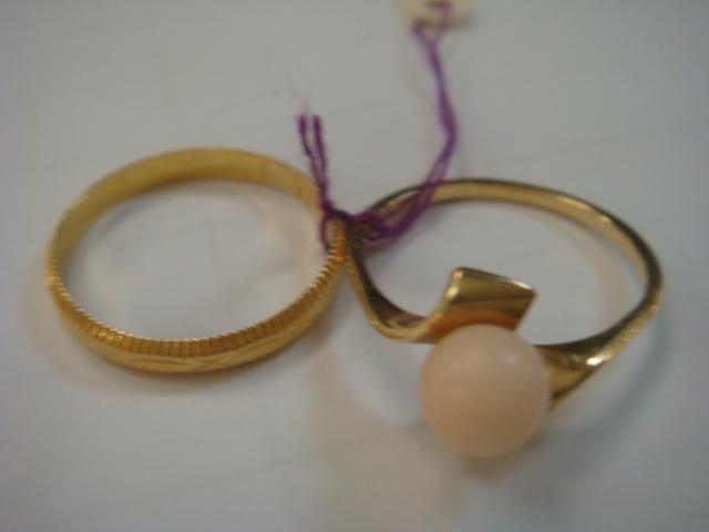 Ladies Wedding Band and Fashion Ring:: Ladies Wedding Band and Fashion Ring: Size 8 Etched Wedding Band Marked 18Kt. Size 8 Ring with Twisted Top Supports Pink Opaque Pearl. (125-250)