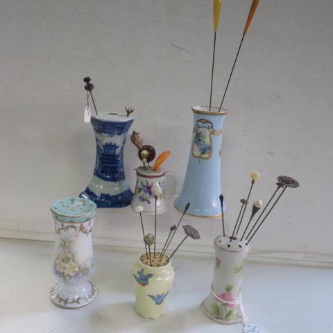 Group of 6 Ceramic Hat Pin Holders with Pins:: Group of 6 Ceramic Hat Pin Holders with Pins: Includes 5"T English Blue Willow, Hand Painted 5 1/2"T Holder/Vase, 3"T Blue Bird Bavarian, 5"T Hand Painted Nippon, 2 1/4"T Unmarked Hand Painted and 4"T