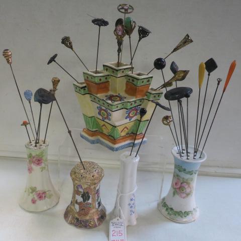 Five Hand Painted Hat Pin Holders/Vase with Pins:: Five Hand Painted Hat Pin Holders/Vase with Pins: Made in Japan 5 Hole Spill Vase is 6"T. Hand Painted Nippon is 4"T, 3 Unmarked are 4 3/4" to 5"T. 29 Assorted Hat Pins, One Tests 10k Gold with Amethy