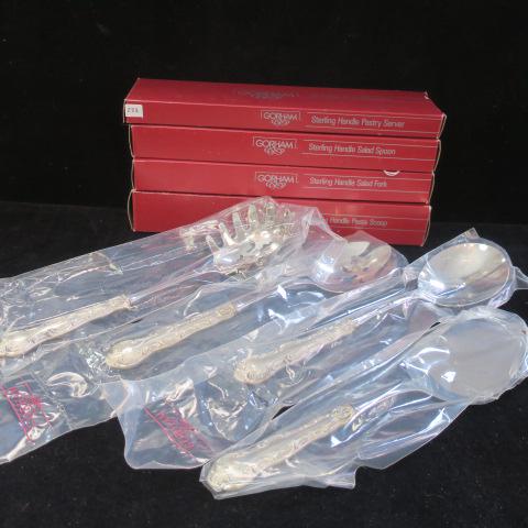 Four GORHAM STRASBOURG Sterling Handled Serving Pieces: Four GORHAM STRASBOURG Sterling Handled Serving Pieces Pasta Server, Pasta Scoop, Salad Fork and Salad Spoon. Excellent Condition, New in Box, Still in Plastic Wrappers, Perfect Wedding Gift. (150-300