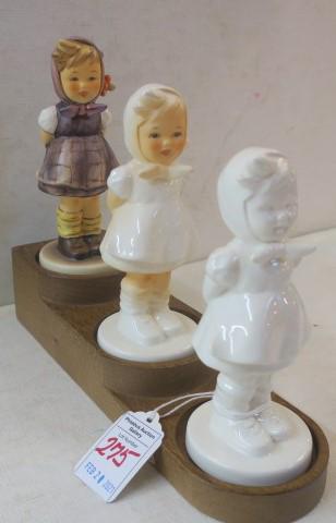 HUMMEL Arbeitsmuster Progression Set Limited Edition:: HUMMEL Arbeitsmuster Progression Set Limited Edition: Edition 344/1000. Hum 258 "Which Hand" with Goebel Bee Mark, 1999-2008. Wooden Stand with 3 Figures; Unpainted, Partially Painted and Fully Painte