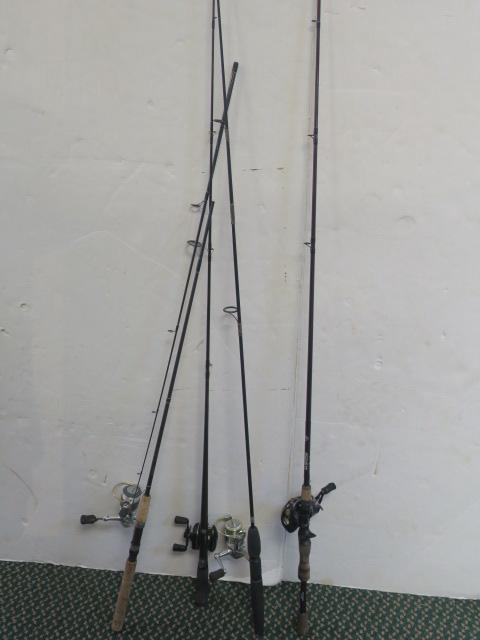 Four Fishing Poles with Reel and Line:: Four Fishing Poles with Reel and Line: Look like Fly Rods to me. Various Makes and Makers. (See Pictures) (80-160)