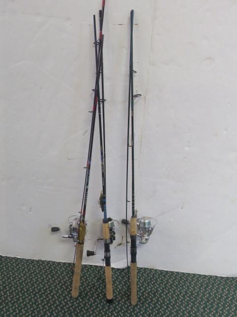 Three Fishing Poles with Reel and Line:: Three Fishing Poles with Reel and Line: Look like Fly Rods to me. Various Makes and Makers. (See Pictures) (80-160)