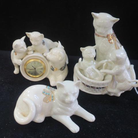 Three Pieces LENOX CATS, JEWELS COLLECTION:: Three Pieces LENOX CATS, JEWELS COLLECTION: Laying Cat 2 1/2" x 5", Mama and Kittens in Basket 6" Tall, and Mama and Kittens with Quartz Clock, 4" T. Trimmed in Jeweled Collars, Painted Eyes, LENOX Ma