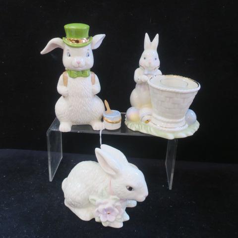 Three LENOX EASTER BUNNIES; OCCASIONS COLLECTION:: Three LENOX EASTER BUNNIES; OCCASIONS COLLECTION: Sitting Bunny Votive, New in Box, SKU#758562, 4" Tall. Bunny Votive, New in Box, SKU#6376560, 5 1/2" Tall. COTTONTAIL CAPER, Irish Bunny, 6" T. LENOX 