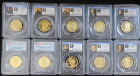 Ten PCGS PR70DCAM Graded Presidential Golden Dollars:: Ten PCGS PR70DCAM Graded Presidential Golden Dollars: James Madison, James Monroe, John Quincy Adams, Millard Fillmore, Franklin Pierce, James Buchanan, Andrew Johnson, James Garfield, Grover Clevelan