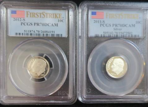 Two 2012-S PCGS PR70DCAM Dimes, One Silver:: Two 2012-S PCGS PR70DCAM Dimes, One Silver: Proof, Graded and Slabbed. (80-150)