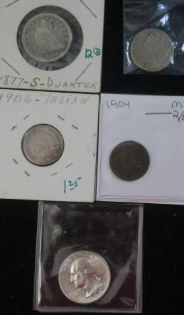 Four US Antique Coins + 1954 Proof Silver Quarter:: Four US Antique Coins + 1954 Proof Silver Quarter: 1877-S Seated Liberty G-4, 1910 Barber Nickel G-4, 1904 EF-40 and 1906 G-4 Indian Head Pennies. (-)