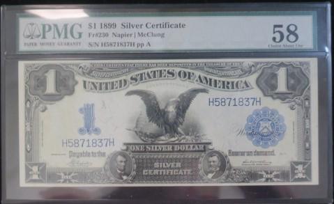 $1 1899 "BLACK EAGLE" Silver Certificate Graded 58:: $1 1899 "BLACK EAGLE" Silver Certificate Graded 58: PAPER MONEY GUARANTY Graded and Sealed 58 Choice About UNC. FR#230 Napier/McClung S/N H5871837H pp A. Eagle over the Capitol Vignette Over Small Pic