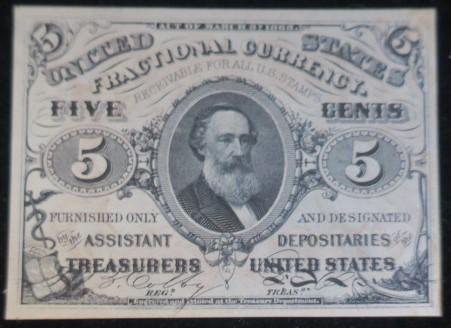 Five Cent, United States Fractional Currency Fr 1236:: Five Cent, United States Fractional Currency Fr 1236: Bust of Spencer M. Clark, Superintendent of National Currency Bureau. Red Back. Uncirculated Condition. Congress and Clark Disagreed on Who should