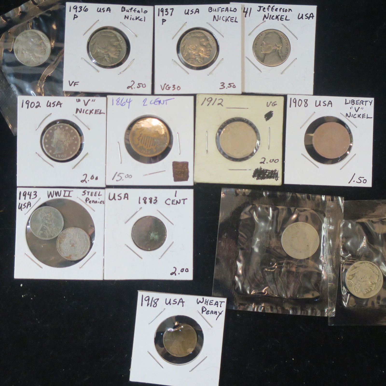 Collection of Old US Coinage; 1, 2 & Five Cent Coins:: Collection of Old US Coinage; 1, 2 & Five Cent Coins: All in Circulated condition. 1864 Two Cent, 1883 Indianhead, 1918 Wheat (Very Bent), Two 1943 Steel Pennies, 1902, 1908, 1911 & 1912 V Nickels, Tw
