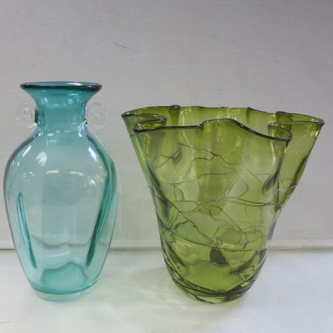 Two Art Glass Green Handkerchief & Aqua Vases:: Two Art Glass Green Handkerchief & Aqua Vases: Green Handkerchief Vase with Applied Threading is 9 1/4"T. Aquamarine Ribbed Vase with Applied Clear Handles is 10 1/2"T. (100-200)