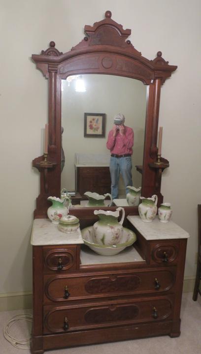 Eastlake Drop Center Marble Topped Vanity, CA 1890:: Eastlake Drop Center Marble Topped Vanity, CA 1890: Two Small Drawers and 2 Long Drawers with Raised Panel Fronts with Burl Wood. Wood and Brass Drop Pulls (One Missing). Pegged Drawers. Base is 31 1/