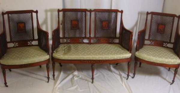 3 Piece Parlor Suite with Spider Cane Back:: 3 Piece Parlor Suite with Spider Cane Back: Consists of Settee and 2 Arm Chairs. Hand Painted Floral on Crest Rail, Shoe, Apron and Leg. Caned Back Centered with 4 Individual Hand Painted Scenes with 