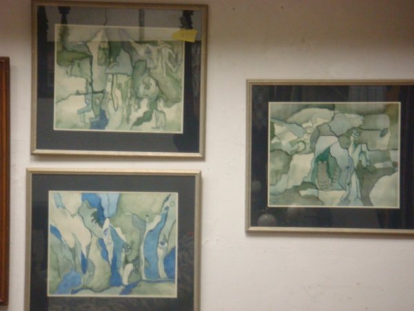 3 Framed Figural Russian Watercolors:: 3 Framed Figural Russian Watercolors: Purchased in Russia. Figures in Misty Watercolor Wash of Cats, Gnomes, Rabbit Etc. Visual Image is 13 1/2" X 16 1/2". Double Matted in Narrow Silver Frame. 20" X 