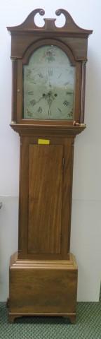 JAS. ROSS GLASGOW, Oak Tall Case Clock, CA 1795:: JAS. ROSS GLASGOW, Oak Tall Case Clock, CA 1795: Broken Bonnet Scroll Crest of Poured Glass Door Over Painted Porcelain Clock Face with Flowers. Hour Minute and Second Hands. Face Signed JAS. ROSS GLA