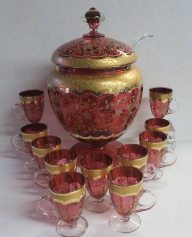 Unsigned MOSER Bohemian Cranberry Glass Punch Set: (1 of 5)