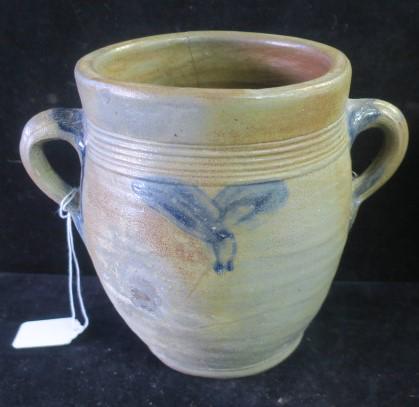 Double Handled Crock with Blue Thumb Painting/Marks: (1 of 3)