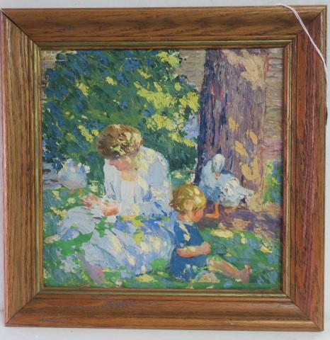 Impressionist Mother and Child in Park Oil on Board: (1 of 3)
