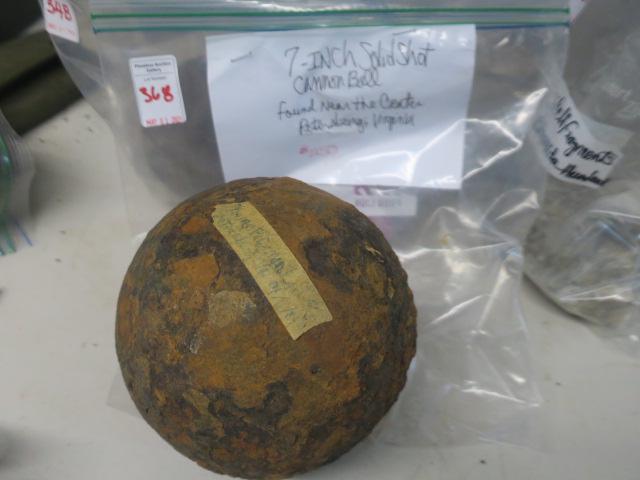 7 Inch Solid shot Cannon Ball from Battle of Crater: 7 Inch Solid shot Cannon Ball from Battle of Crater Petersburg VA 1865. Weighs 17 lbs. (250-500)
