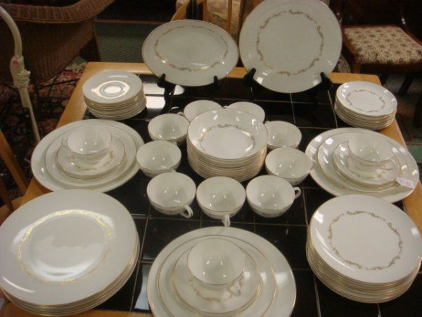 Set of Royal Doulton French Provincial Dinnerware: Set of Royal Doulton French Provincial Dinnerware: 12 6 Piece Place Settings Plus Oval Vegetable. 12 Each Dinner Plates, Bread and Butter, Salad, Soup, Cups, Saucer. Ivory with Inner Gold Scrolls. Mad