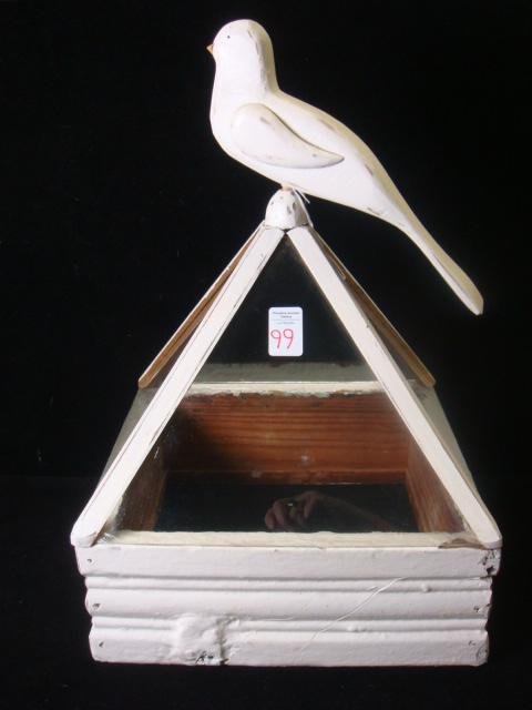 Newell Post Light Cover with Folk Art Bird:: Newell Post Light Cover with Folk Art Bird: 13 1/2"T, 12" Square with 11 1/2"L Carved Bird on Top. Base From Old Post with Enhanced Pyramid Top Made to Allow for Lamp. Crack in One Glass Panel.